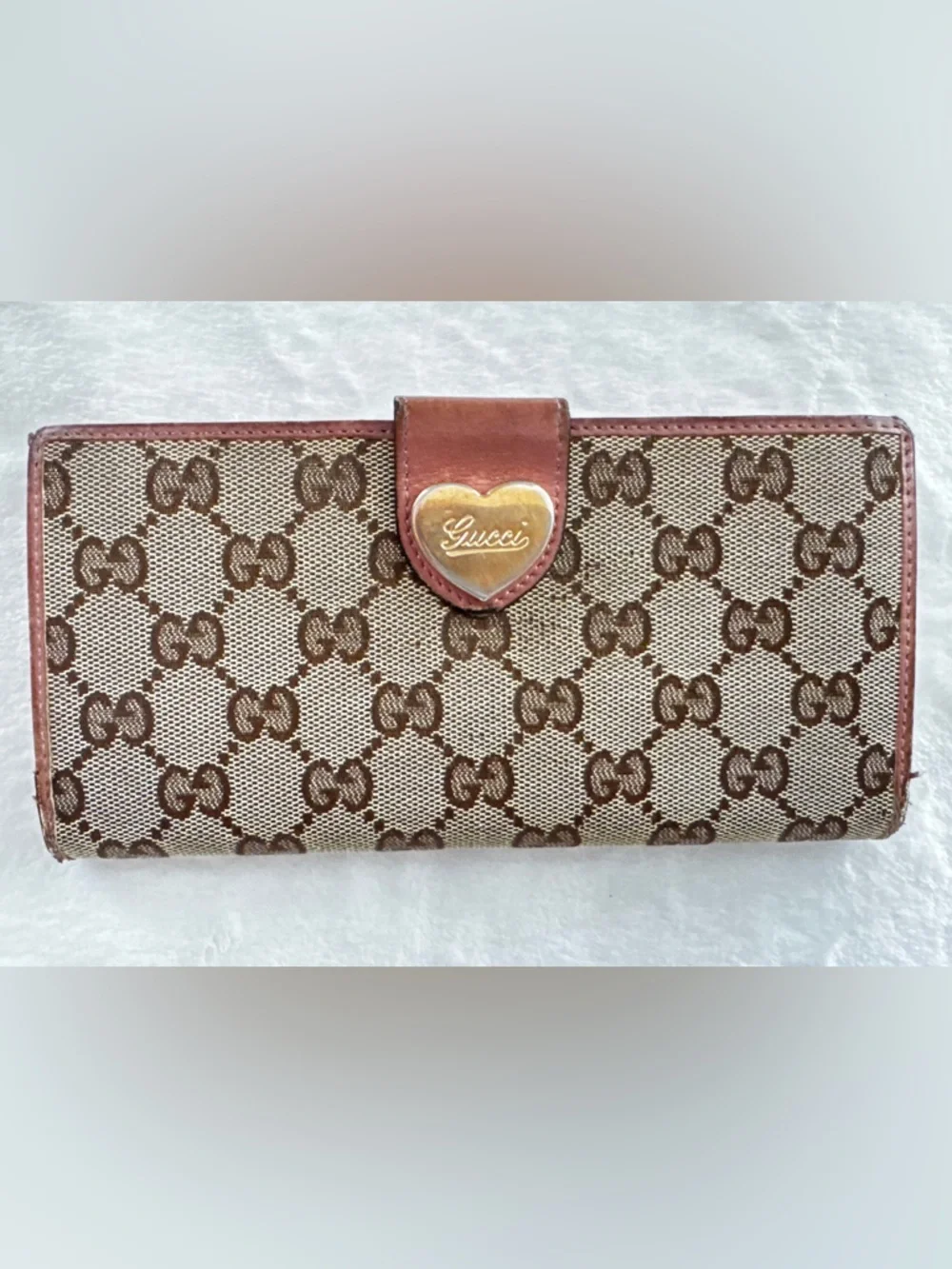 Gucci Vintage Pink Brown & Beige Monogram Canvas Heart Snap Wallet - Picture 1 of 10